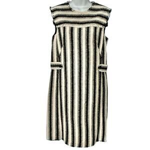 Akris Punto Black Ivory Pinstripe Button Detail Raw Edge Tweed Dress Size 8